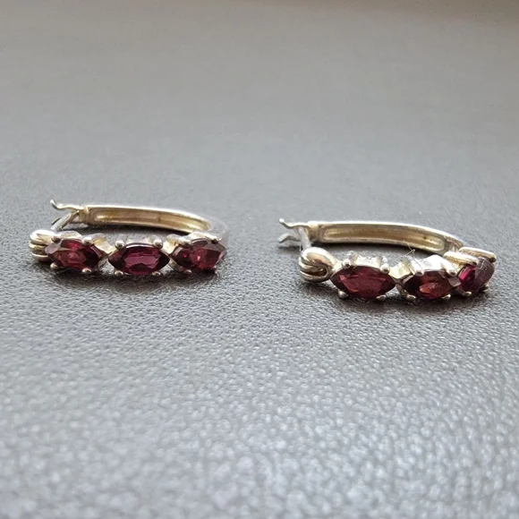 Sterling Silver Garnet Hoop Earrings – Marked 925 NV - Picture 2 of 7